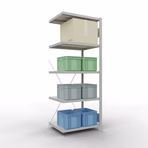 Aanbouwrekken, rekken, insteeksysteem MULTIplus250, 2000 x 750 x 600 mm (HxBxD), 5 planken, kruisschoor, RAL 7035 lichtgrijs van Schulte Lagertechnik met artikelnr. 32865-75