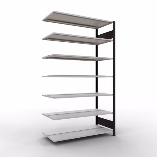 Aanbouwstelling, kantoorstelling, insteeksysteem MULTIplus150, 2300 x 1300 x 600 mm (HxBxD), 7 legborden, lengtestangen, met middenaanslag, zwart/lichtgrijs, insteeksysteem, art.nr. 36053-S
