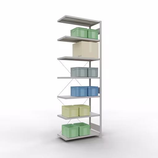 Extra afbeelding van het artikel Aanbouwplank, stellingkast MULTIplus250 insteeksysteem, 3000 x 1000 x 500 mm, 7 legborden, kruisschoor, RAL 7035 lichtgrijs van aanbouwplank