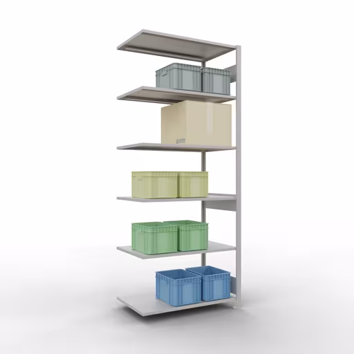 Aanbouwstelling, stellingkast MULTIplus150 insteeksysteem, 2500 x 1000 x 600 mm (HxBxD), 6 legborden, lengtestangen, RAL 7035 lichtgrijs met de GTIN 4004514293350 Aanbouwrekken, legbordstellingen, insteeksysteem MULTIplus150, 2500 x 1000 x 600 mm, 6 legborden, RAL 7035 lichtgrijs van Schulte Lagertechnik met artikelnr. 32666-LR