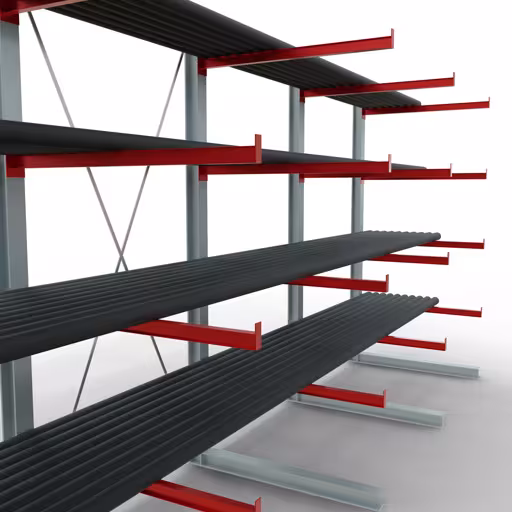 Productafbeelding nr. 12 van artikel K 6000 compleet legbord, eenzijdig, 3000 x 6000 x 1250 mm, RAL 7001 / RAL 3000, 5 opslagniveaus Afbeelding nr. 12 van het artikel K 6000 complete stelling, eenzijdig, 3000 x 6000 x 1250 mm, RAL 7001 / RAL 3000, 5 opslagniveaus uit de productgroep draagarmstellingen van Schulte Lagertechnik