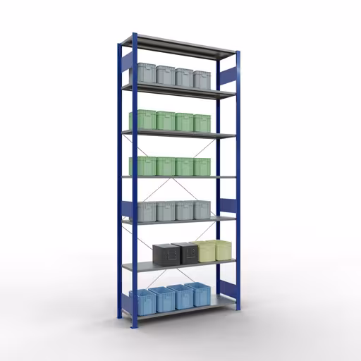 Basisplank, legbord, insteeksysteem MULTIplus150, 3000 x 1300 x 400 mm (HxBxD), 7 legborden, kruisschoor, RAL 5010 gentiaanblauw/verzinkt met artikelnr. 12742-130-B Basisplank, legplank, insteeksysteem MULTIplus150, 3000 x 1300 x 400 mm, 7 legborden, RAL 5010 gentiaanblauw/verzinkt van Schulte Lagertechnik uit de categorie insteeksystemen