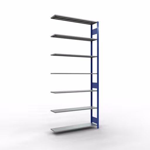 Aanbouwrekken, rekken, insteeksysteem MULTIplus150, 3000 x 1300 x 300 mm (HxBxD), 7 planken, lengtestangen, RAL 5010 gentiaanblauw/gegalvaniseerd van Schulte Lagertechnik Aanbouwrekken, rekken, insteeksysteem MULTIplus150, 3000 x 1300 x 300 mm (HxBxD), 7 legborden, lengtebalk, RAL 5010 gentiaanblauw/verzinkt, aanbouwplank, art.nr. 12737-130-LR-B