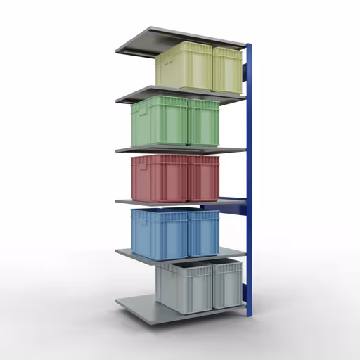 Andere weergave van het artikel Aanbouwrekken, legbord, insteeksysteem MULTIplus150, 2500 x 1000 x 800 mm, 6 legborden, RAL 5010 gentiaanblauw/verzinkt uit de categorie aanbouwrekken
