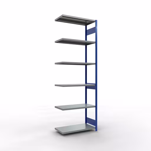 Aanbouwrekken, legbordstellingen, insteeksysteem MULTIplus250, 3000 x 1000 x 500 mm (HxBxD), 7 legborden, lengtebalk, RAL 5010 gentiaanblauw/verzinkt, aanbouwplank, art.nr. 12957-LR-B