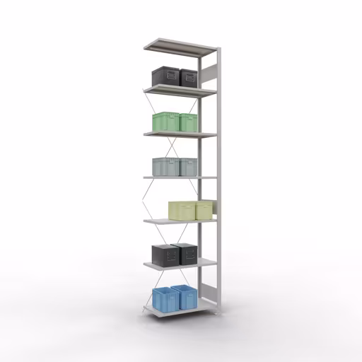 Aanbouwrekken, rekken, insteeksysteem MULTIplus150, 3000 x 750 x 400 mm (HxBxD), 7 legborden, kruisschoor, RAL 7035 lichtgrijs uit de categorie aanbouwrekken met GTIN 4004514205582 Aanbouwrek, stelling, insteeksysteem MULTIplus150, 3000 x 750 x 400 mm, 7 legborden, RAL 7035 lichtgrijs van het merk Schulte Lagertechnik uit het assortiment insteeksysteem