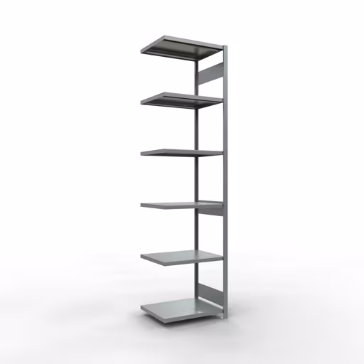 Aanbouwrekken, legbordstellingen, insteeksysteem MULTIplus250, 3000 x 750 x 600 mm (HxBxD), 7 legborden, lengtestangen, verzinkt, aanbouwplank, art.nr. 12967-75-LR