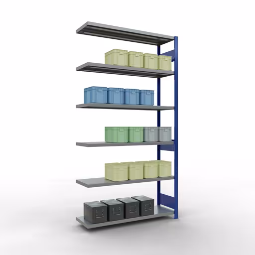 Aanbouwrekken, rekken, insteeksysteem MULTIplus250, 2500 x 1300 x 400 mm, 6 legborden, lengtestangen, RAL 5010 gentiaanblauw/verzinkt van Schulte Lagertechnik uit het assortiment insteeksysteem