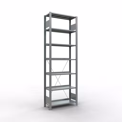 Basisplank, kantoorstelling, insteeksysteem MULTIplus85, 2300 x 750 x 300 mm (HxBxD), 7 legborden, kruisschoor, verzinkt, met stoplijst, insteeksysteem, art.nr. 17712