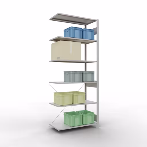 Productafbeelding nr. 15 van het artikel Aanbouwrekken, legbordstellingen, insteeksysteem MULTIplus85, 2500 x 1000 x 500 mm (HxBxD), 6 legborden, kruisschoor, RAL 7035 lichtgrijs Figuur nr. 15 van het artikel aanbouwrekken, legbordstellingen, insteeksysteem MULTIplus85, 2500 x 1000 x 500 mm, 6 legborden, RAL 7035 lichtgrijs uit de productgroep insteeksysteem van het merk Schulte Lagertechnik.