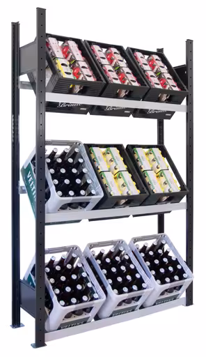 Basisplank, krattenrek 1800 x 1000 x 300 mm (HxBxD), zwart/zilver, 3 niveaus voor 9 kratten van Schulte Lagertechnik Basisplank, krattenrek 1800 x 1000 x 300 mm (HxBxD), zwart/zilver, 3 niveaus voor 9 kratten, drankopslag, art.nr. 37006-S