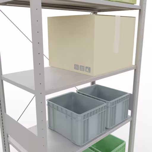 Productafbeelding nr. 14 van het artikel basisplank, legbord, insteeksysteem MULTIplus85, 3000 x 1000 x 500 mm (HxBxD), 7 legborden, kruisschoor, RAL 7035 lichtgrijs Figuur nr. 14 van het artikel basisrek, legplank-insteeksysteem MULTIplus85, 3000 x 1000 x 500 mm, 7 legborden, RAL 7035 lichtgrijs uit de productgroep insteeksysteem van het merk Schulte Lagertechnik.