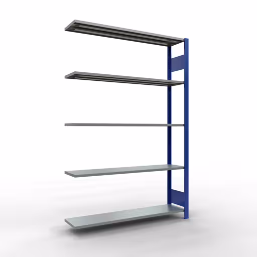 Aanbouwrekken, rekken, insteeksysteem MULTIplus150, 2000 x 1300 x 300 mm (HxBxD), 5 legborden, lengtebalk, RAL 5010 gentiaanblauw/verzinkt, aanbouwplank, art.nr. 12735-130-LR-B
