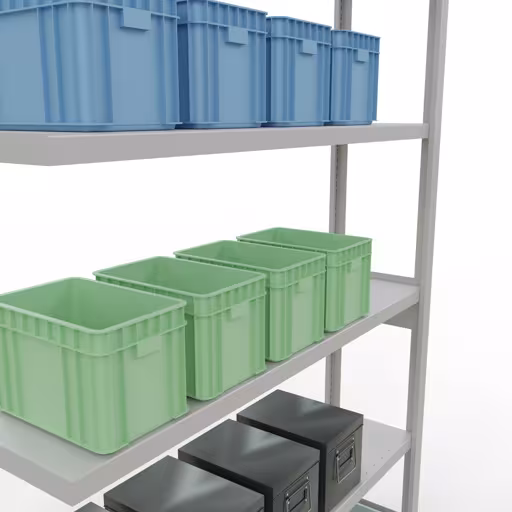 Productafbeelding nr. 12 van het artikel Aanbouwrekken, legbordstellingen, insteeksysteem MULTIplus250, 2500 x 1300 x 300 mm (HxBxD), 6 legborden, lengtestangen, RAL 7035 lichtgrijs Afbeelding nr. 12 van het artikel aanbouwrekken, legbordstellingen, insteeksysteem MULTIplus250, 2500 x 1300 x 300 mm, 6 legborden, lengtestangen, RAL 7035 lichtgrijs uit de productgroep insteeksysteem van Schulte Lagertechnik