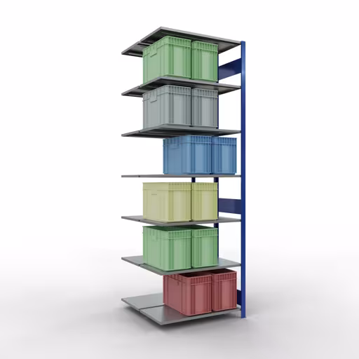 Aanbouwrekken, dubbele rekken, stellingsysteem MULTIplus150, 3000 x 1000 x (2x500) mm (HxBxD), 2x7 planken, lengtestangen, RAL 5010 gentiaanblauw met de GTIN 4058255012664 Aanbouwrekken, dubbele rekken, stellingsysteem MULTIplus150, 3000 x 1000 x (2x500) mm, 2x7 planken, lengtestangen, RAL 5010 gentiaanblauw van Schulte Lagertechnik met het artikelnr. 33157-B