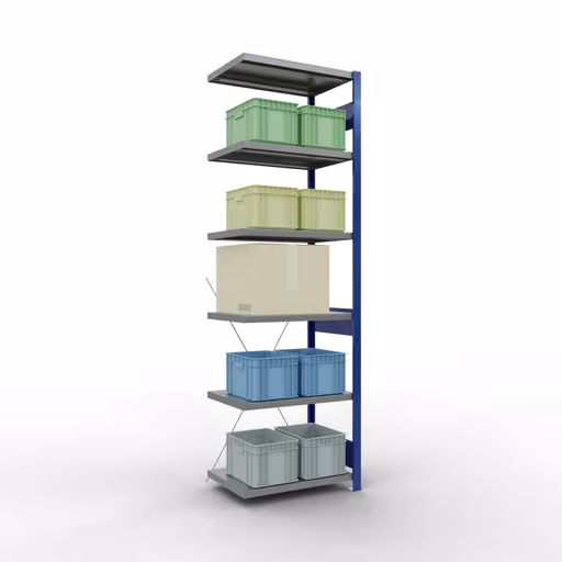 Afbeelding nr. 13 van het artikel aanbouwrekken, legbordstellingen, insteeksysteem MULTIplus250, 2500 x 750 x 500 mm, 6 legborden, kruisschoor, RAL 5010 gentiaanblauw/verzinkt/verzinkt uit de productgroep insteeksysteem van Schulte Lagertechnik.
