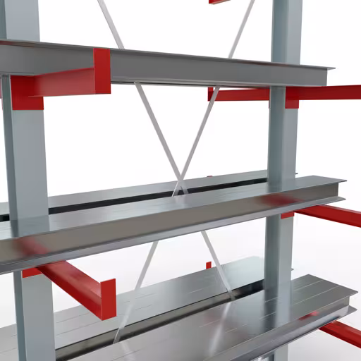 Productafbeelding nr. 12 van artikel K 3000 complete plank, dubbelzijdig, 2500 x 1300 x 500 mm, RAL 7001 / RAL 3000, 5 opslagniveaus Afbeelding nr. 12 van het artikel K 3000 complete stelling, dubbelzijdig, 2500 x 1300 x 500 mm, RAL 7001 / RAL 3000, 5 opslagniveaus uit de productgroep draagarmstellingen van Schulte Lagertechnik