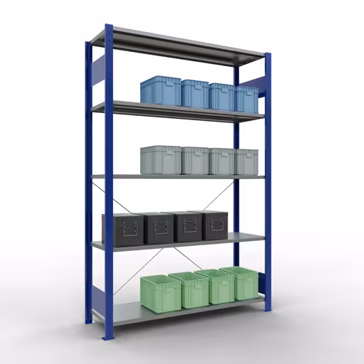 Basisplank, legplank, insteeksysteem MULTIplus150, 2000 x 1300 x 400 mm (HxBxD), 5 legborden, kruisschoor, RAL 5010 gentiaanblauw/verzinkt uit de categorie basisplanken met de GTIN 4004514243164 Basisplank, legbord, insteeksysteem MULTIplus150, 2000 x 1300 x 400 mm, 5 legborden, RAL 5010 gentiaanblauw/gegalvaniseerd van het merk Schulte Lagertechnik uit het assortiment insteeksysteem