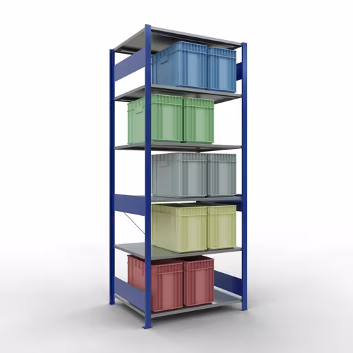 Basisplank, legbord, insteeksysteem MULTIplus150, 2500 x 1000 x 800 mm (HxBxD), 6 legborden, kruisschoor, RAL 5010/verzinkt met GTIN 4004514279262 Basisplank, legbord, insteeksysteem MULTIplus150, 2500 x 1000 x 800 mm, 6 legborden, RAL 5010/verzinkt van Schulte Lagertechnik met artikelnr. 12581-B