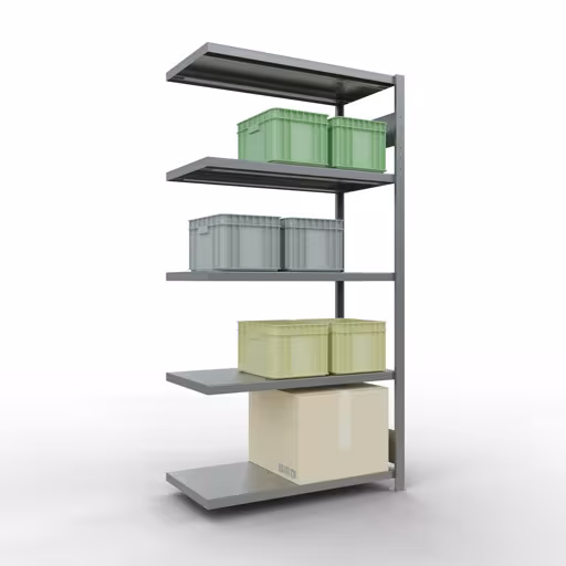 Figuur nr. 14 van het artikel aanbouwrekken, legbordstellingen, insteeksysteem MULTIplus250, 2000 x 1000 x 500 mm, 5 legborden, lengtestangen, verzinkt uit de insteeksysteem productgroep van Schulte Lagertechnik.