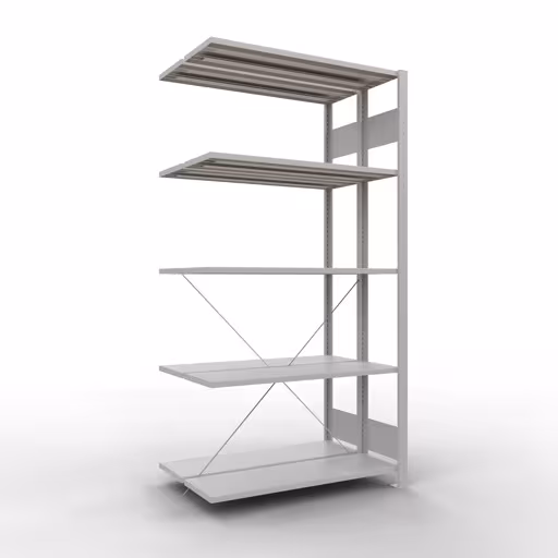 Aanbouwrekken, dubbele rekken, rekkensysteem MULTIplus150, 2000 x 1000 x (2x300) mm (HxBxD), 2x5 planken, kruisschoor, RAL 7035 lichtgrijs van Schulte Lagertechnik Aanbouwrekken, dubbele rekken, stellingsysteem MULTIplus150, 2000 x 1000 x (2x300) mm (HxBxD), 2x5 legborden, kruisschoor, RAL 7035 lichtgrijs, dubbele legborden, art.nr. 32735