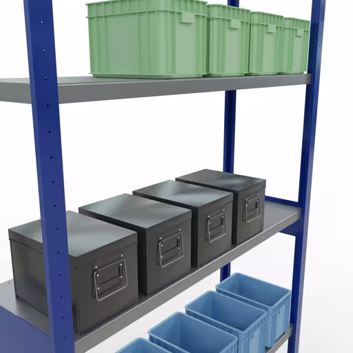 Productafbeelding nr. 14 van het artikel basisplank, legbord, insteeksysteem MULTIplus250, 3000 x 1300 x 400 mm (HxBxD), 7 legborden, lengtestangen, RAL 5010 gentiaanblauw/verzinkt Figuur nr. 14 van het artikel basisrek, legbord, insteeksysteem MULTIplus250, 3000 x 1300 x 400 mm, 7 legborden, lengtestangen, RAL 5010 gentiaanblauw/verzinkt uit de insteeksysteem productgroep van Schulte Lagertechnik.