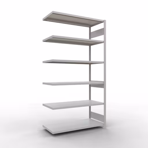 Aanbouwrekken, rekken, insteeksysteem MULTIplus250, 2500 x 1300 x 600 mm (HxBxD), 6 legborden, lengtebalk, RAL 7035 lichtgrijs, aanbouwplank, art.nr. 32866-130-LR