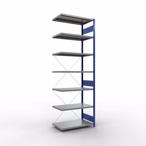 Aanbouwrekken, stelling MULTIplus250 insteeksysteem, 3000 x 1000 x 600 mm (HxBxD), 7 legborden, kruisschoor, RAL 5010 gentiaanblauw/gegalvaniseerd van Schulte Lagertechnik Aanbouwrekken, rekken, insteeksysteem MULTIplus250, 3000 x 1000 x 600 mm (HxBxD), 7 legborden, kruisschoor, RAL 5010 gentiaanblauw/verzinkt, aanbouwplank, art.nr. 12967-B
