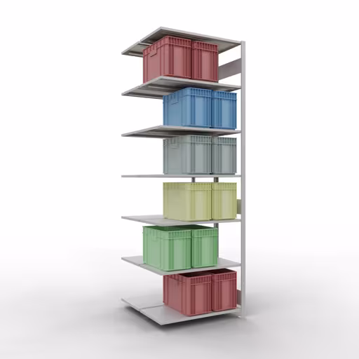 Productafbeelding nr. 15 van het artikel aanbouwstelling, dubbele stelling, stellingstelling, insteeksysteem MULTIplus150, 3000 x 1000 x (2x500) mm, 2x7 planken, RAL 7035 lichtgrijs uit het stellingstelling-assortiment van Schulte Lagertechnik