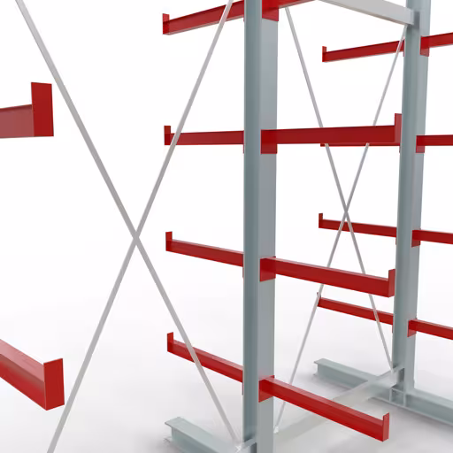 Productafbeelding nr. 10 van artikel K 3000 complete plank, dubbelzijdig, 2500 x 2600 x 600 mm, RAL 7001 / RAL 3000, 5 opslagniveaus Figuur nr. 10 van het artikel K 3000 complete stelling, dubbelzijdig, 2500 x 2600 x 600 mm, RAL 7001 / RAL 3000, 5 opslagniveaus uit de productgroep draagarmstellingen van Schulte Lagertechnik.