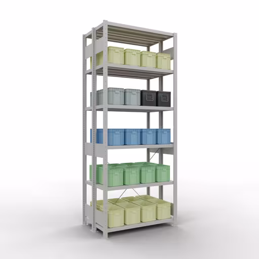 Basisplank, dubbele plank, rekkensysteem MULTIplus250, 2500 x 1000 x (2x300) mm (HxBxD), 2x6 planken, kruisschoor, RAL 7035 lichtgrijs uit de categorie dubbele rekken met de GTIN 4004514292018 Basisplank, dubbele plank, rekkensysteem MULTIplus250, 2500 x 1000 x (2x300) mm, 2x6 planken, kruisschoor, RAL 7035 lichtgrijs van Schulte Lagertechnik uit het rekkenprogramma