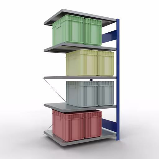 Aanbouwrekken, rekken, insteeksysteem MULTIplus250, 2000 x 1000 x 800 mm, 5 legborden, kruisschoor, RAL 5010 gentiaanblauw/verzinkt met GTIN 4004514284303 Aanbouwrekken, rekken, insteeksysteem MULTIplus250, 2000 x 1000 x 800 mm, 5 legborden, kruisschoor, RAL 5010 gentiaanblauw/verzinkt van Schulte Lagertechnik met artikelnr. 12985-B