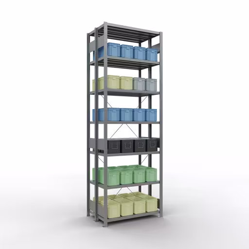 Basisplank, dubbele plank, legplank-insteeksysteem MULTIplus250, 3000 x 1000 x (2x300) mm, 2x7 legborden, kruisschoor, verzinkt van Schulte Lagertechnik met het artikelnr. 14232-G