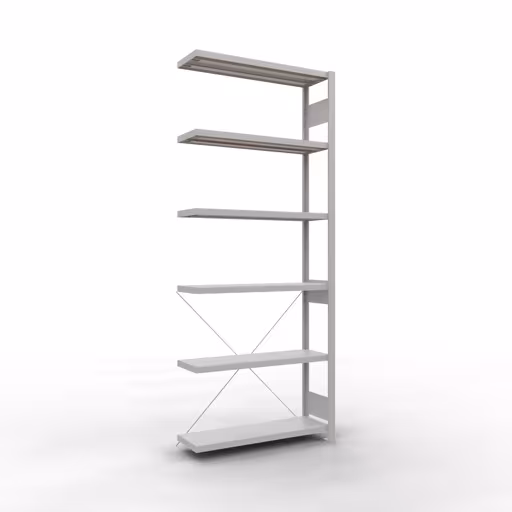 Aanbouwrekken, rekken, insteeksysteem MULTIplus330, 2500 x 1000 x 300 mm (HxBxD), 6 legborden, kruisschoor, RAL 7035 lichtgrijs, aanbouwplank, art.nr. 33836