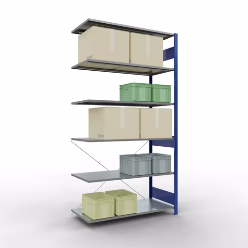 Aanbouwstelling, stelling MULTIplus150 insteeksysteem, 2500 x 1300 x 600 mm (HxBxD), 6 legborden, kruisschoor, RAL 5010 gentiaanblauw/verzinkt met de GTIN 4004514243270 Aanbouwrekken, legbordstellingen, insteeksysteem MULTIplus150, 2500 x 1300 x 600 mm, 6 legborden, RAL 5010 gentiaanblauw/verzinkt van Schulte Lagertechnik met artikelnr. 12766-130-B