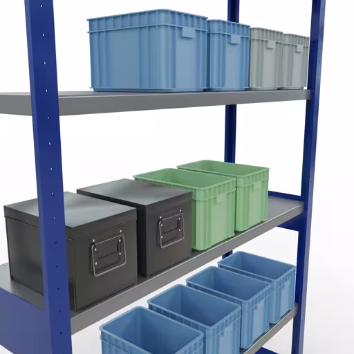 Productafbeelding nr. 13 van het artikel basisplank, legbord, insteeksysteem MULTIplus250, 2500 x 1300 x 400 mm (HxBxD), 6 legborden, lengtestangen, RAL 5010 gentiaanblauw/verzinkt Figuur nr. 13 van het artikel basisrek, legbord, insteeksysteem MULTIplus250, 2500 x 1300 x 400 mm, 6 legborden, lengtestangen, RAL 5010 gentiaanblauw/verzinkt uit de insteeksysteem productgroep van Schulte Lagertechnik.