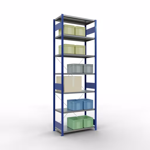 Basisplank, legbord, insteeksysteem MULTIplus250, 3000 x 1000 x 500 mm, 7 legborden, kruisschoor, RAL 5010 gentiaanblauw/verzinkt van het merk Schulte Lagertechnik uit het plug-in systeem-assortiment