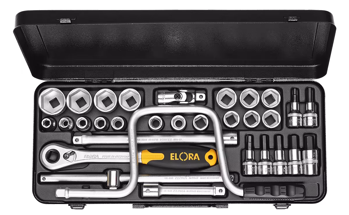 Dopsleutelset 1/2", 6-kant + binnenzeskant, 31-delig 10-32 mm 771-LIMK van ELORA Dopsleutelset 1/2", 31-delig 10-32 mm, ELORA-770-LIMU/LIMK uit de categorie dopsleutelassortiment 1/2" met artikelnr. 0771530402900