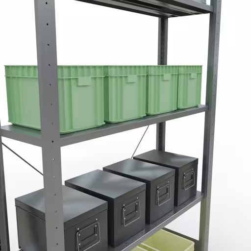 Productafbeelding nr. 12 van het artikel basisplank, legbord, insteeksysteem MULTIplus85, 2000 x 1000 x 300 mm (HxBxD), 5 legborden, kruisschoor, verzinkt Figuur nr. 12 van het artikel basisrek, legplank-insteeksysteem MULTIplus85, 2000 x 1000 x 300 mm, 5 legborden, verzinkt uit de productgroep insteeksysteem van het merk Schulte Lagertechnik.