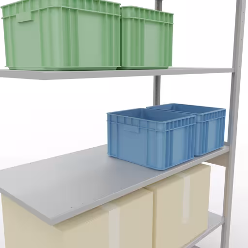 Extra afbeelding van het artikel Aanbouwrekken, legbord, insteeksysteem MULTIplus150, 2500 x 1300 x 600 mm, 6 legborden, lengtestangen, RAL 7035 lichtgrijs van aanbouwrekken
