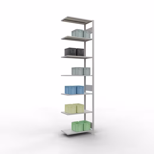 Extra afbeelding van het artikel aanbouwrekken, legbordstellingen, insteeksysteem MULTIplus150, 3000 x 750 x 400 mm, 7 legborden, lengtestangen, RAL 7035 lichtgrijs van opzetrek