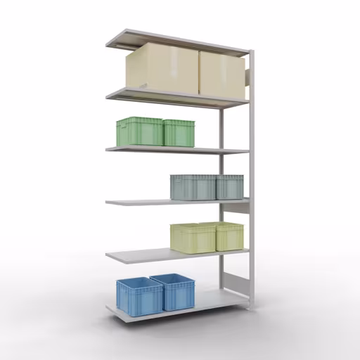 Aanbouwrekken, rekken, insteeksysteem MULTIplus150, 2500 x 1300 x 500 mm (HxBxD), 6 legborden, lengtestangen, RAL 7035 lichtgrijs uit de categorie aanbouwrekken met GTIN 4004514293114 Aanbouwrek, stelling, insteeksysteem MULTIplus150, 2500 x 1300 x 500 mm, 6 legborden, lengtestangen, RAL 7035 lichtgrijs van Schulte Lagertechnik uit het assortiment insteeksysteem