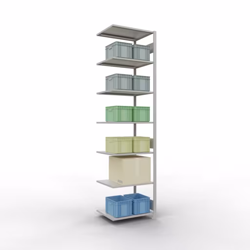 Aanbouwrekken, legbordstellingen, insteeksysteem MULTIplus150, 3000 x 750 x 600 mm, 7 legborden, lengtestangen, RAL 7035 lichtgrijs van Schulte Lagertechnik met artikelnr. 32667-75-LR