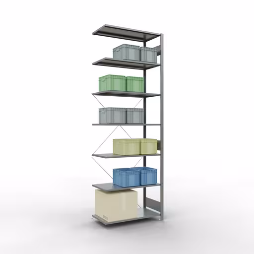 Aanbouwrekken, rekken, insteeksysteem MULTIplus85, 3000 x 1000 x 500 mm (HxBxD), 7 legborden, kruisschoor, verzinkt uit de categorie aanbouwrekken met de GTIN 4004514202499 Aanbouwrek, stelling, insteeksysteem MULTIplus85, 3000 x 1000 x 500 mm, 7 legborden, verzinkt van het merk Schulte Lagertechnik uit het assortiment insteeksysteem