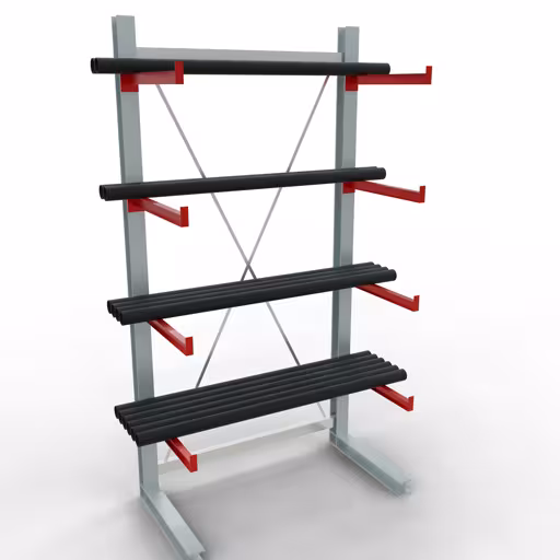 Productafbeelding nr. 12 van artikel K 6000 compleet legbord, eenzijdig, 3000 x 1500 x 750 mm, RAL 7001 / RAL 3000, 5 opslagniveaus Figuur nr. 12 van het artikel K 6000 complete stelling, eenzijdig, 3000 x 1500 x 750 mm, RAL 7001 / RAL 3000, 5 opslagniveaus uit de productgroep draagarmstellingen van Schulte Lagertechnik