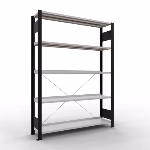 Basisplank, kantoorrek, insteeksysteem MULTIplus85, 1800 x 1300 x 300 mm (HxBxD), 5 planken, kruisschoor, met aanslagbalk, zwart/lichtgrijs van Schulte Lagertechnik Basisplank, kantoorrek, insteeksysteem MULTIplus85, 1800 x 1300 x 300 mm (HxBxD), 5 planken, dwarsschoor, met stoplijst, zwart/lichtgrijs, insteeksysteem, art.nr. 36002-S