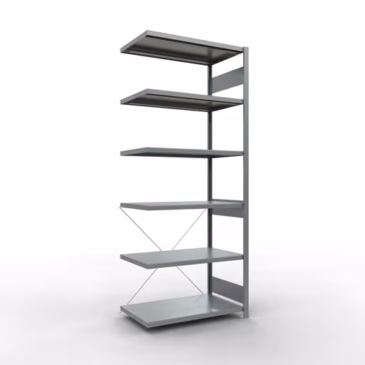 Aanbouwrekken, rekken, insteeksysteem MULTIplus330, 2500 x 1000 x 600 mm (HxBxD), 6 planken, kruisschoor, verzinkt van Schulte Lagertechnik Aanbouwrekken, legborden, insteeksysteem MULTIplus330, 2500 x 1000 x 600 mm (HxBxD), 6 legborden, kruisschoor, verzinkt, aanbouwplank, art.nr. 13966