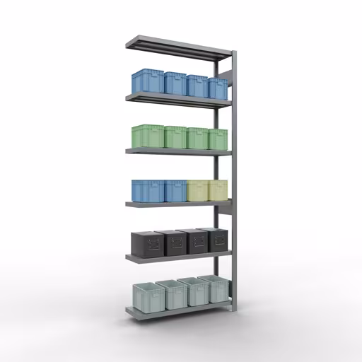 Aanbouwrekken, legbordstellingen, insteeksysteem MULTIplus250, 2500 x 1000 x 300 mm (HxBxD), 6 legborden, lengtestangen, verzinkt met artikelnr. 12936-LR Aanbouwrekken, rekken, insteeksysteem MULTIplus250, 2500 x 1000 x 300 mm, 6 legborden, lengtestangen, verzinkt van Schulte Lagertechnik uit de categorie insteeksystemen