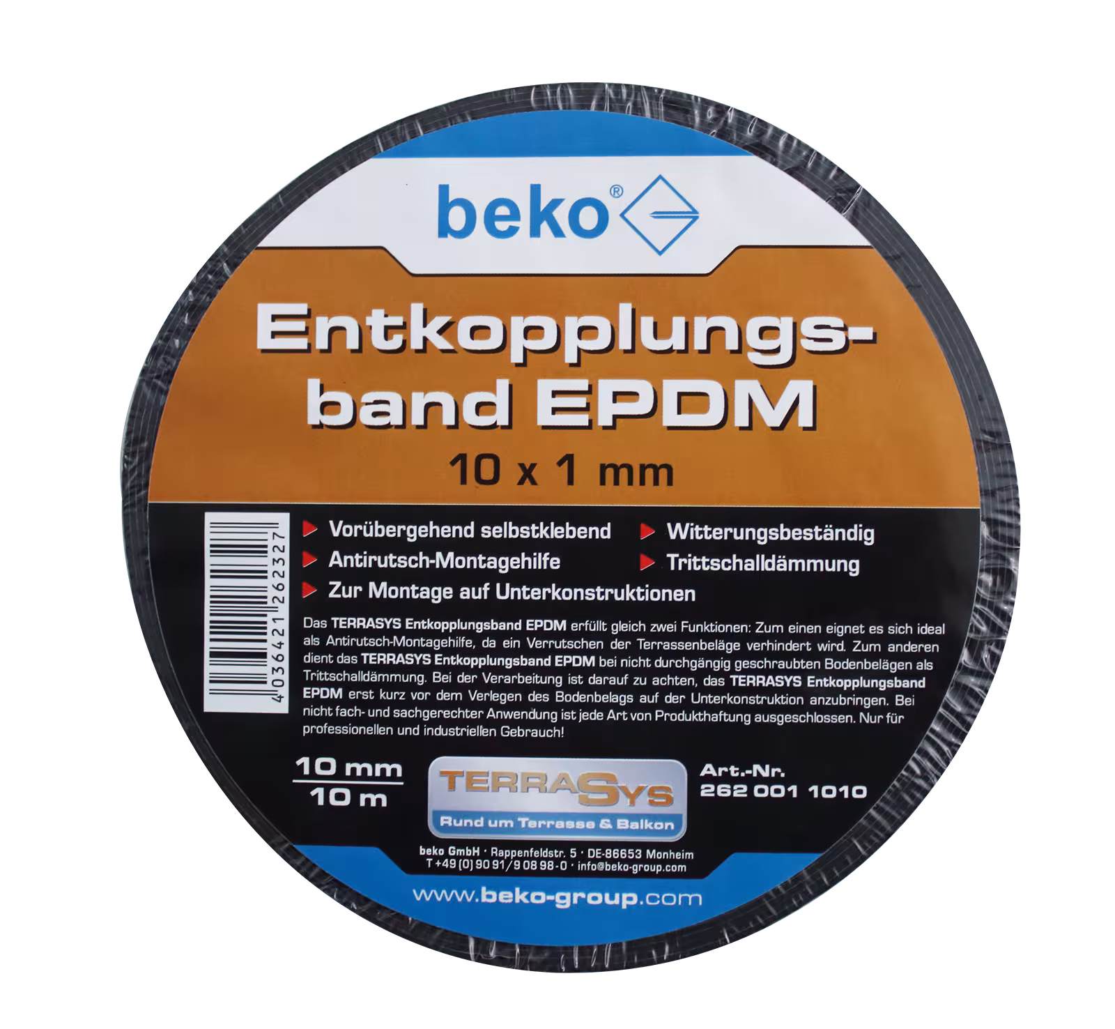 TERRASYS ontkoppelingstape EPDM, 10 x 1 mm, zwart, 1 rol van 10 m uit de categorie montagetoebehoren met artikelnr. 262 001 1010