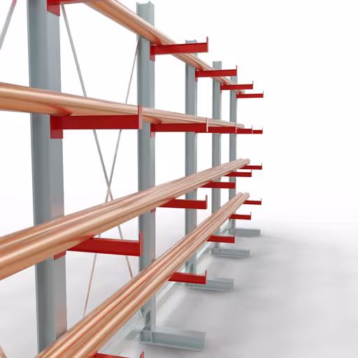 Productafbeelding nr. 10 van artikel K 3000 compleet legbord, eenzijdig, 2500 x 6500 x 400 mm, RAL 7001 / RAL 3000, 5 opslagniveaus Figuur nr. 10 van het artikel K 3000 complete stelling, eenzijdig, 2500 x 6500 x 400 mm, RAL 7001 / RAL 3000, 5 opslagniveaus uit de productgroep draagarmstellingen van Schulte Lagertechnik.